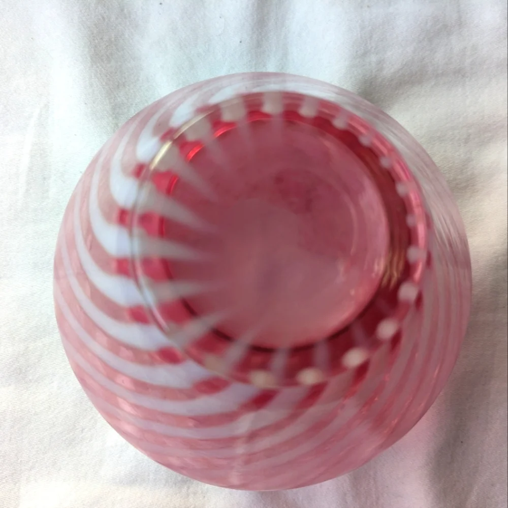 Vintage Cranberry Pink White Candy Cane Handblown Glass Vase Ripple Lip